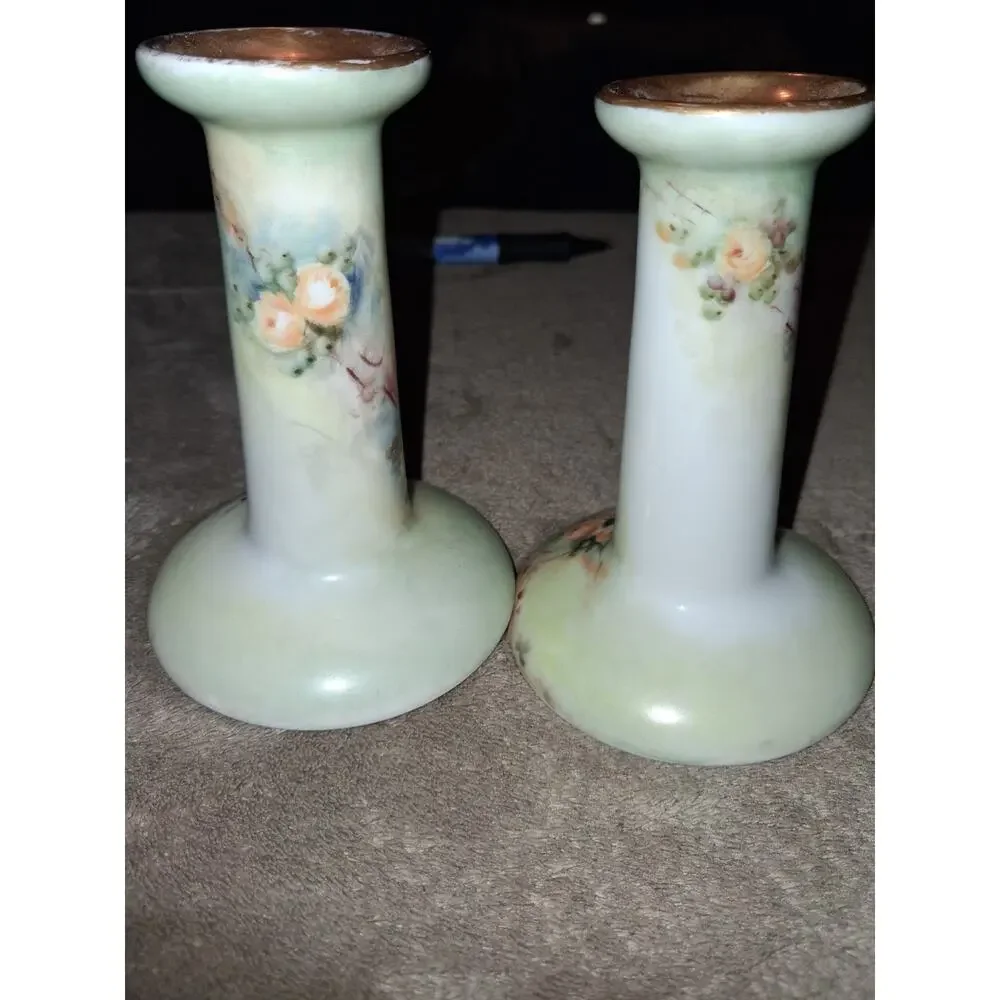 Antique Bernardaud Co Limoges France Hand Painted Candle Stick Holder flowers